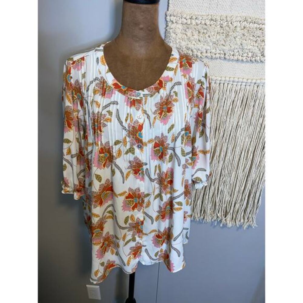 Rose + Olive Floral Boho Peasant Blouse L Semi Sheer Pintuck Top White